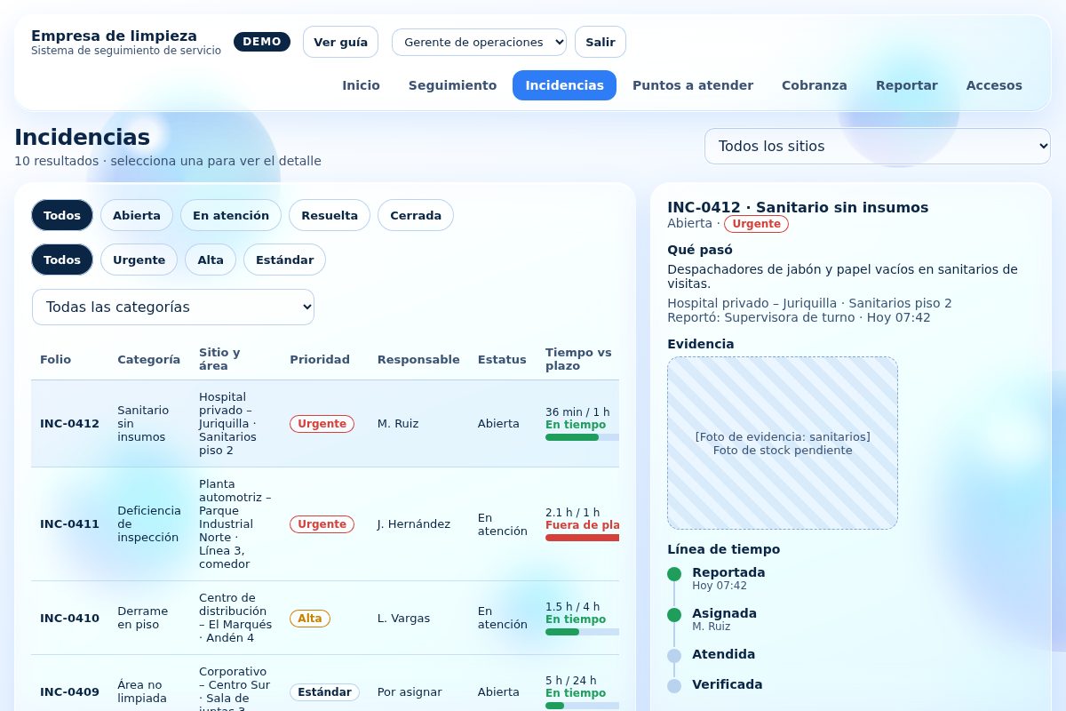 Lista de incidencias con filtros por estatus y prioridad, y el detalle de una incidencia con línea de tiempo. Datos de ejemplo.