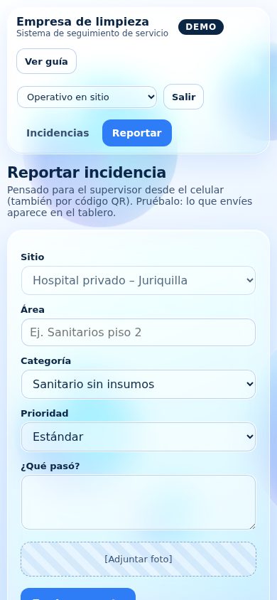 Formulario para reportar una incidencia desde el celular. Datos de ejemplo.